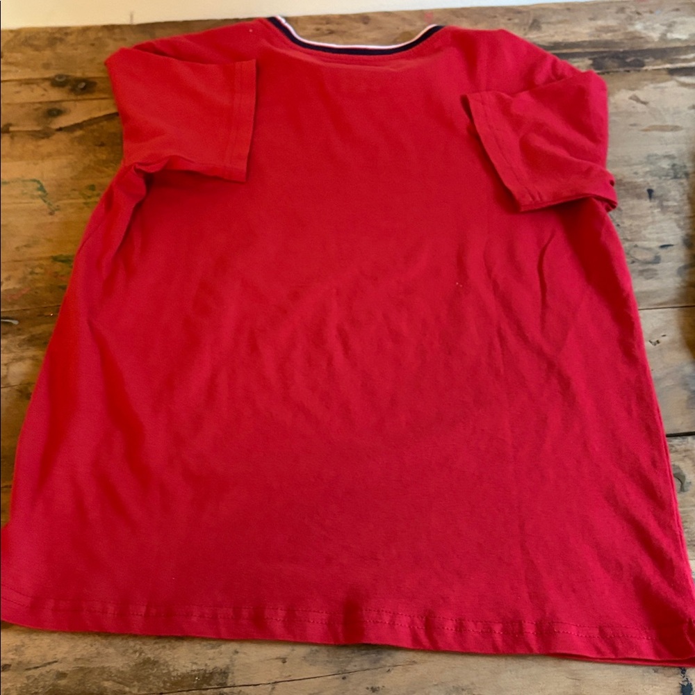 Tommy Hilfiger Kids Bright Red Short Sleeve Crew Tee with Striped Neck - Picture 2 of 3